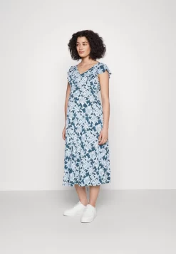 Midi V Flared Dress Witrh Ruffle Sleevees - Jersey Dress - Dark Blue/Blue