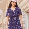 Anna Field V-Neck Sleeve Dress- Day Dress - Dark Blue/Pink