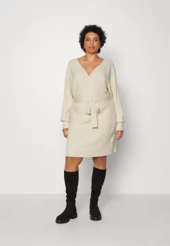 Wrap V Ausschnitt Mini Strickkleid Mit Gürtel - Jumper Dress - Off White